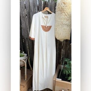 Vintage 1970s Caftan Maxi Dress with Brown Crochet Knit Cottagecore | Small